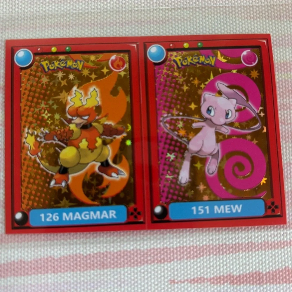 Pokemon Pokedex Sticker - Mew 151 & Magmar 126 Green Cracked Ice Holo Foil RARE!